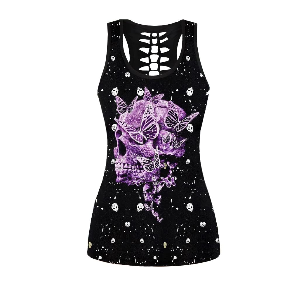 Conjunto de 2 piezas de ropa casual de calaveras impresas en 3D, sin mangas, para yoga, leggings y pantalones de deporte