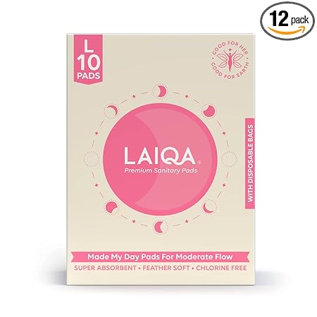 LAIQA Premium Sanitary Pads For Women | Moderate Flow Sanitary Pads | Super Absorbent & Leakage Proof | 100% biodegradable disposal bags | Pack of 12 - (10L Pads + 2 Pantyliners)