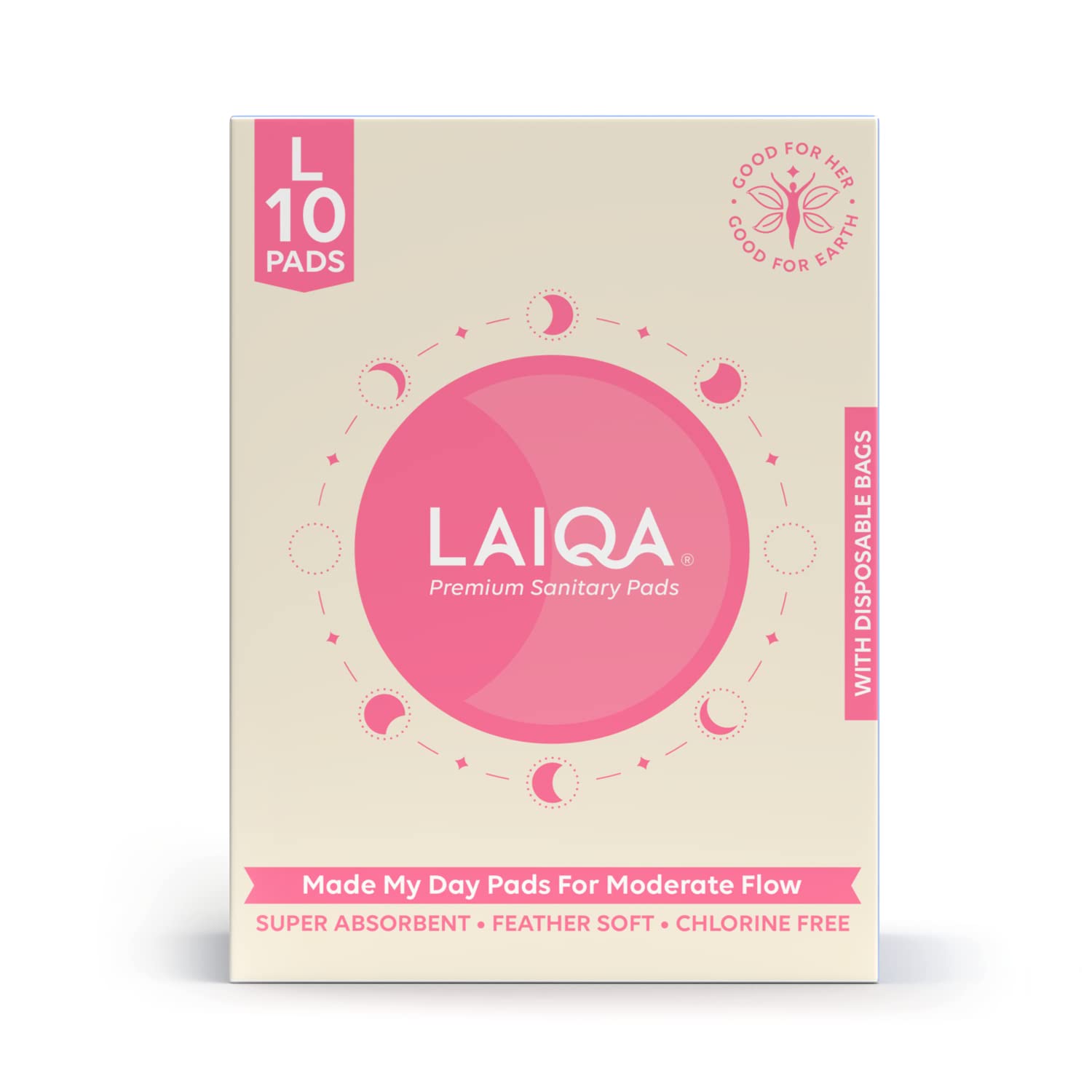 LAIQA Premium Sanitary Pads For Women | Moderate Flow Sanitary Pads | Super Absorbent & Leakage Proof | 100% biodegradable disposal bags | Pack of 12 - (10L Pads + 2 Pantyliners)