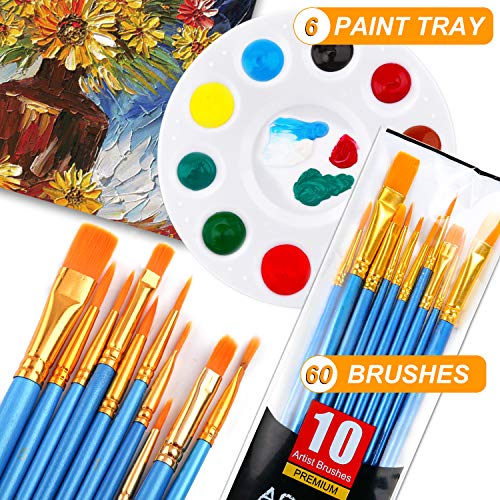 Image of AROIC Paint Brush Palette Set, 6 Packs of 60 Brushes and 6 Tray Palettes | Nylon Brush Head, Suitable for Oil Watercolor, etc., Perfect Art Painting Set