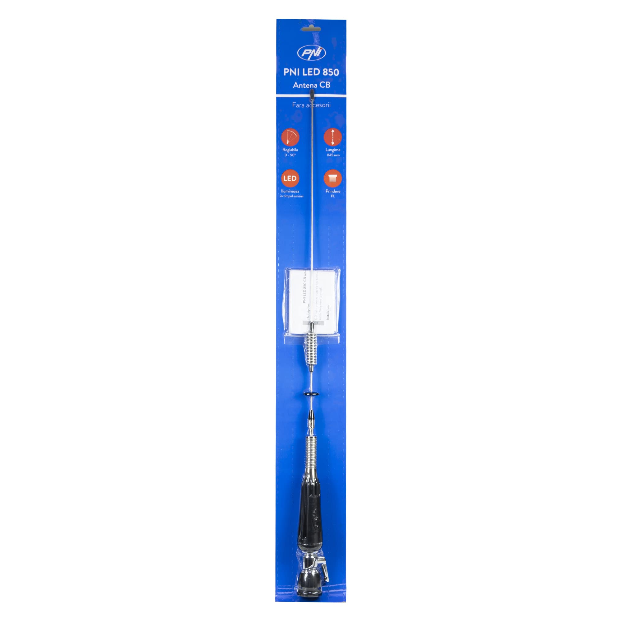 Antenna pieghevole CB PNI LED 850 con base magnetica 145 mm, lunghezza 85 cm, 26-28 MHz, 300 Watt, illumina durante la trasmissione, tipo filettatura PL, senza accessori