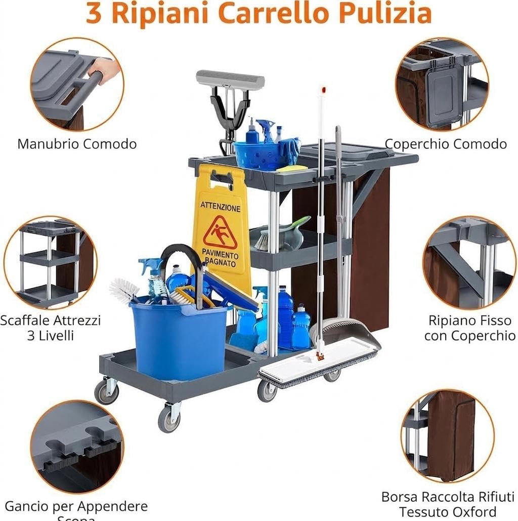 con Carrello pulizie professionale commerciale ruote robuste, sacco in vinile capiente, armadietti integrati, portata fino a 136 kg, ideal para hotel, oficinas y ambientes públicos