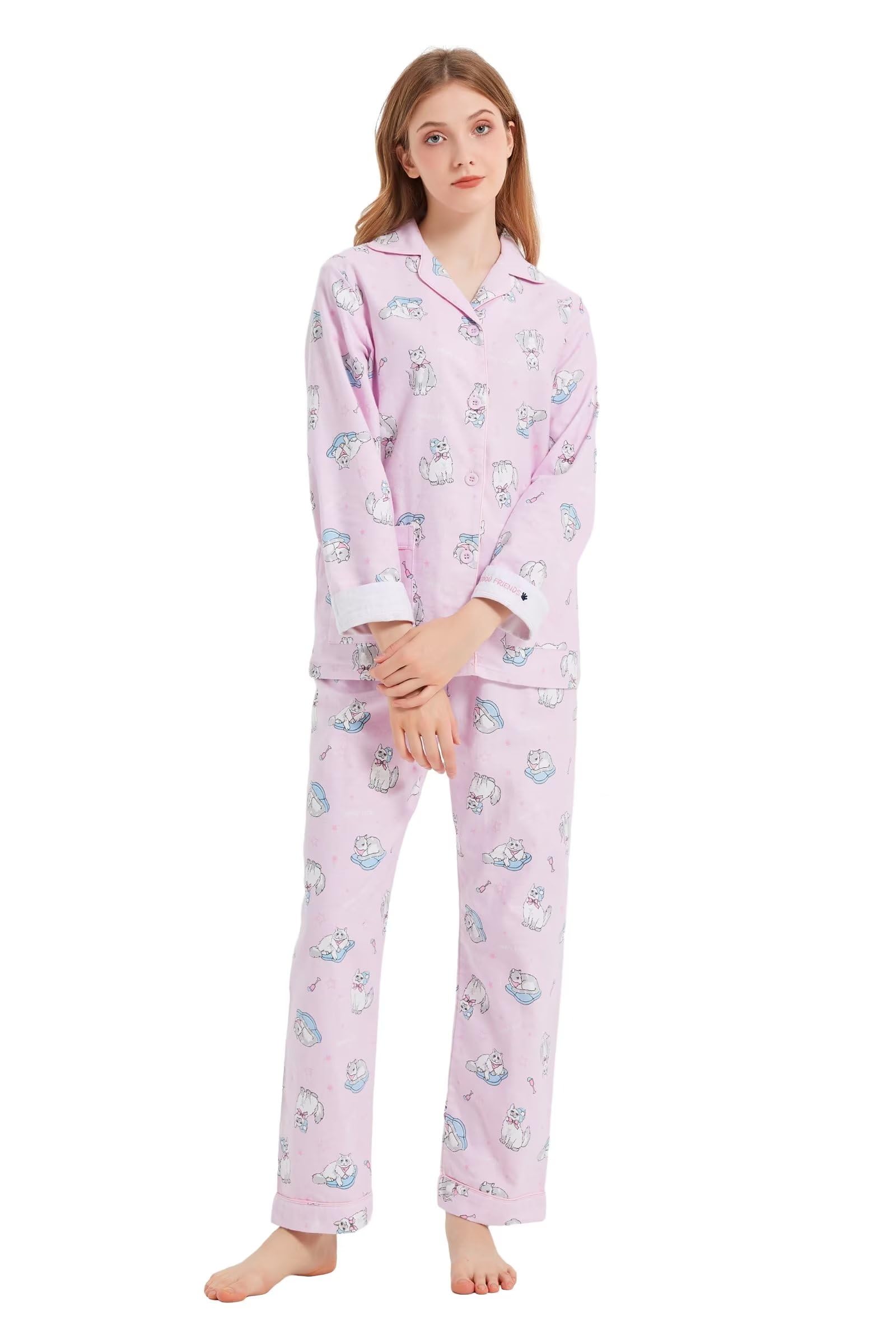 Kolipajam Women's Pink Kitty 100% Cotton Flannel Pyjama Set Cozy Drawstring Waist Winter Pjs For