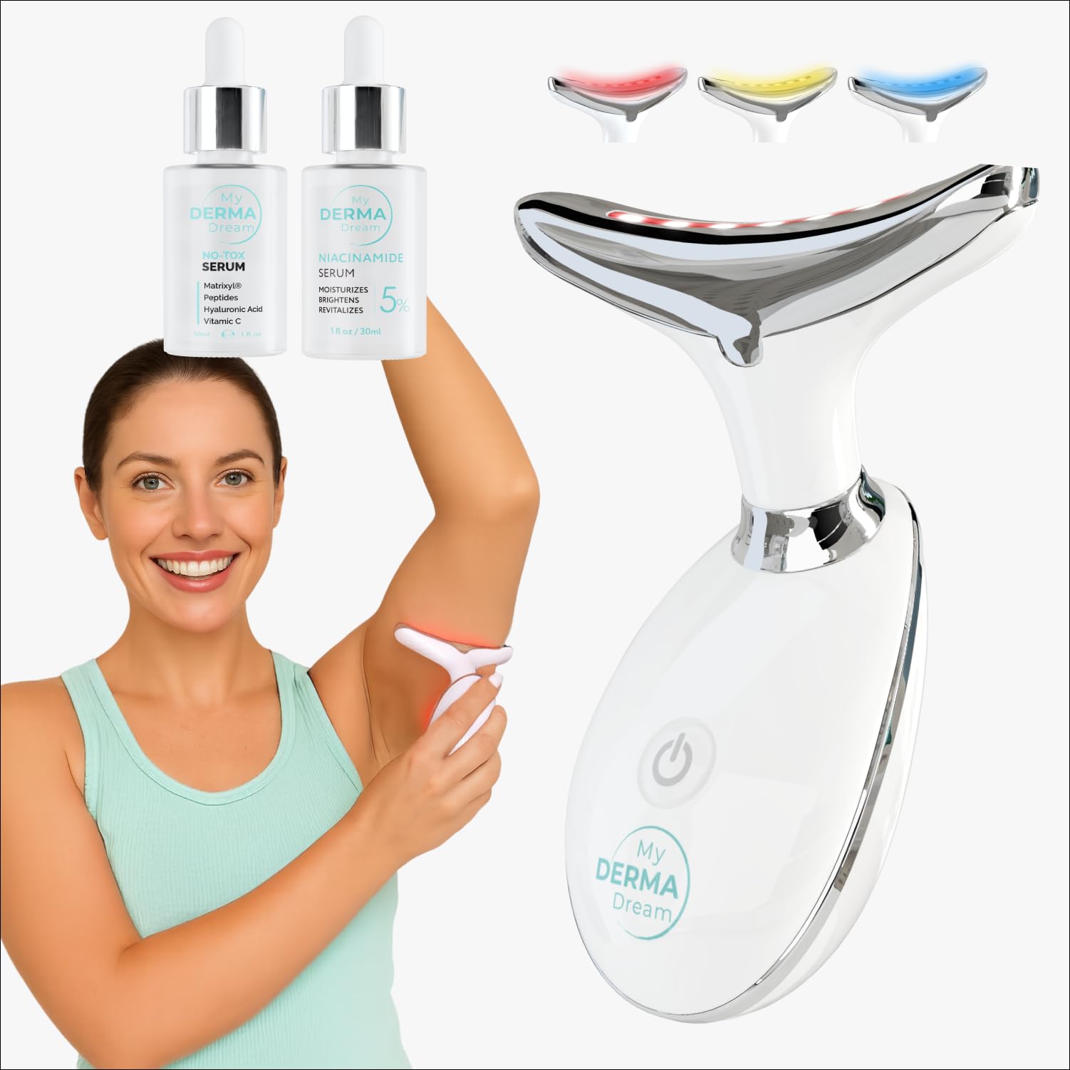 MyoGlow LED Arm Neck and Face Total Body Sculpting Device from MyDermaDream paired with Niacinamide Serum and NoTox