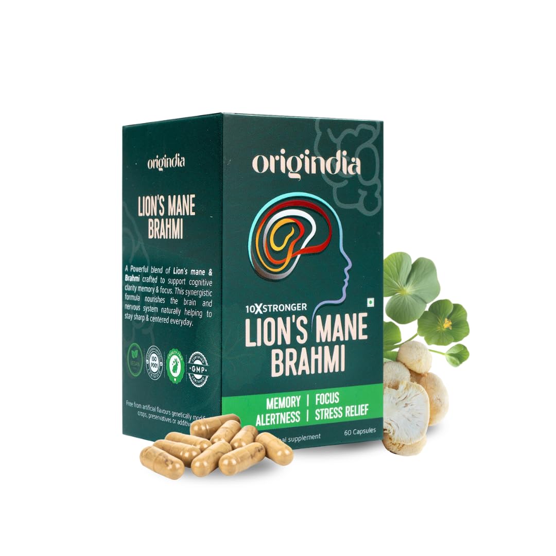 ORIGINDIA Lions Mane Brahmi, Brain Supplement Vegan Capsules with Lion's Mane Mushroom & Brahmi Extract for Memory Booster, Focus & Cognitive Support, Mind & Mood Enhancer, Pack of 1, 60 Capsules