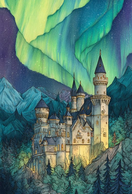 500 Piece Puzzle for Adults – Neuschwanstein Castle Aurora Borealis Challenging Aesthetic Jigsaw Puzzle for Relaxing Mindfulness， Stress Relief， Home Decor and Gift