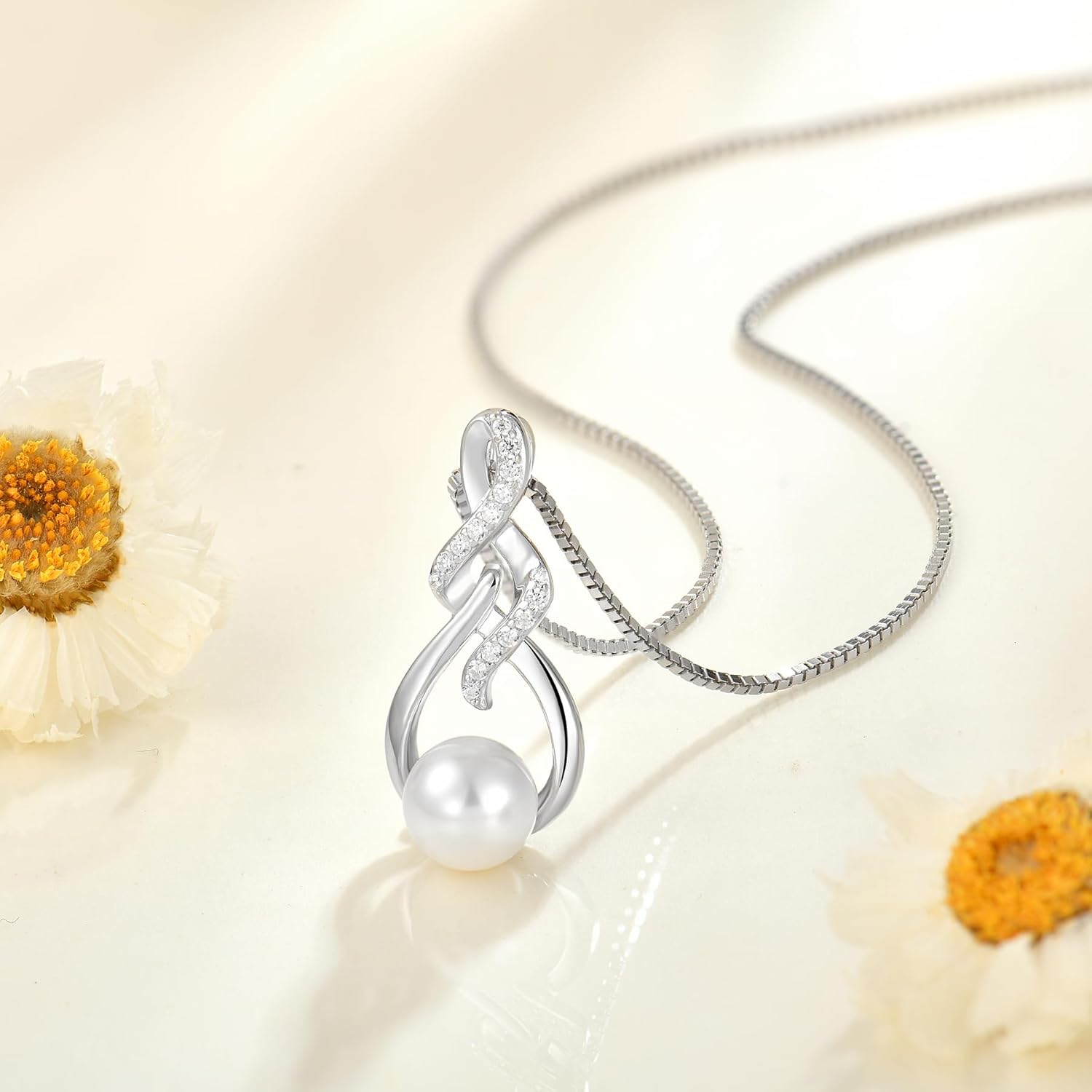 Infinity Pearl Necklace for Women 925 Sterling Silver Pendant Necklace with 8MM Pearl Jewelry Gifts for Her - Image 4