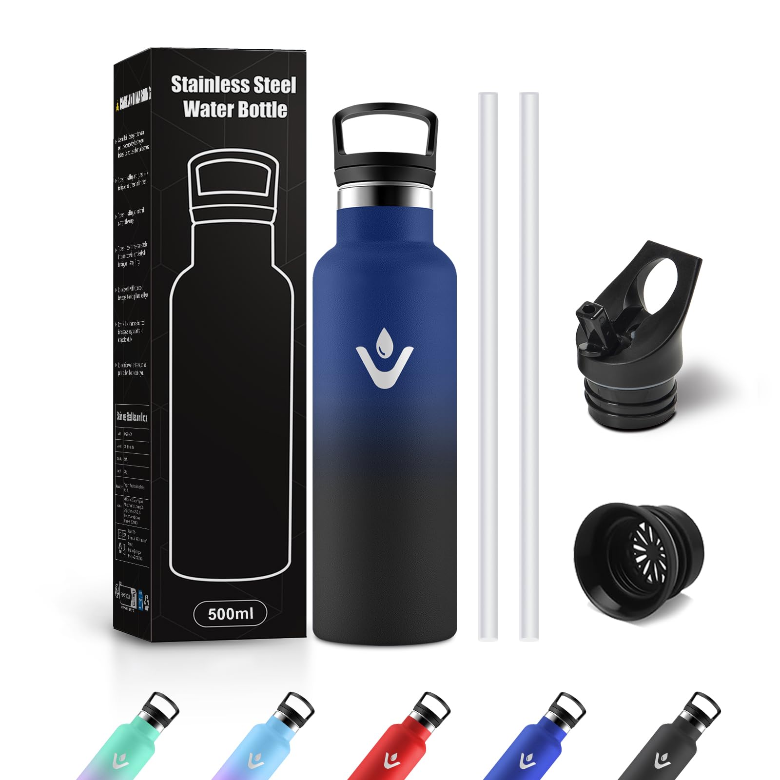 JAPORIA Bottiglia Termica 500ml, Borraccia Termica con Cannuccia, Riutilizzabile, senza BPA, a prova di perdite, per Campeggio, Viaggio