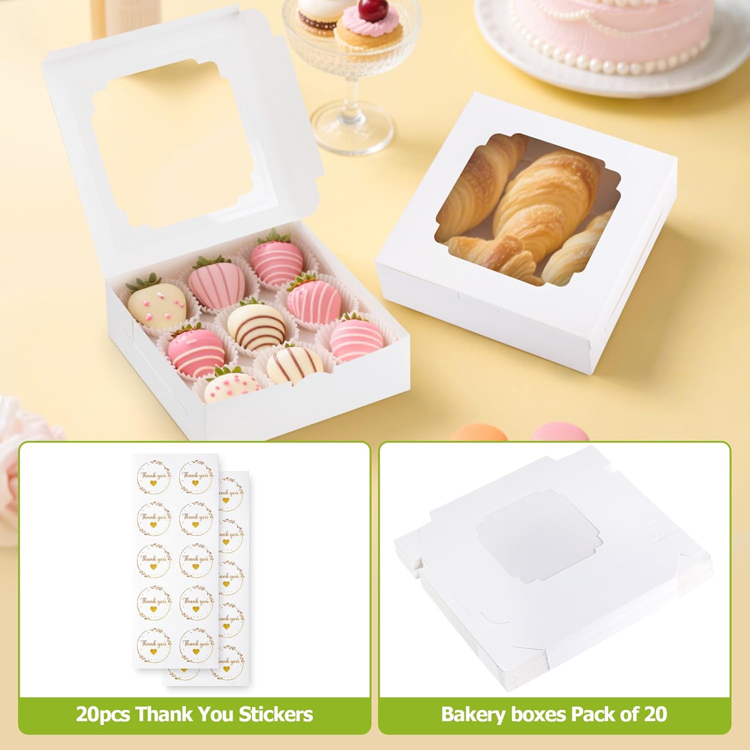 Bakery Boxes with Window, 8"x8" White Treat Boxes for Dert, Cookie,