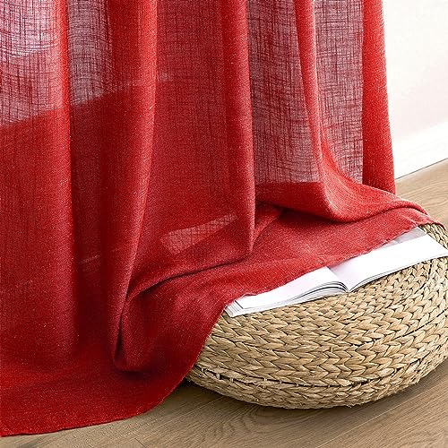 MIULEE Red Linen Short Curtains 63 Inch Length 2 Panels for Kitchen Bedroom, Christmas Soft Thick Linen Textured Window Drapes Living Room Semi Sheer Light Filtering Back Tab Burlap Look Decor
