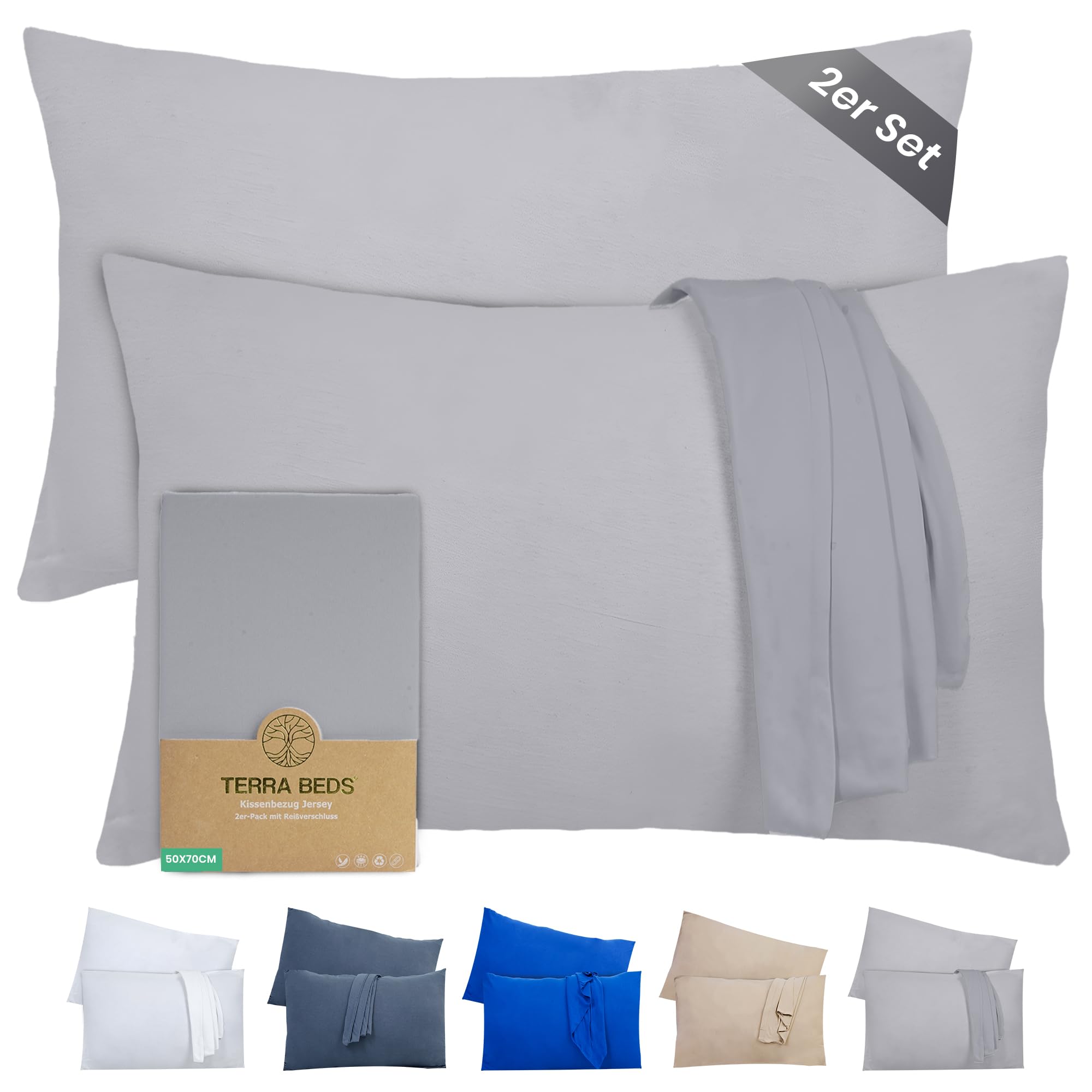 Terra Beds Kissenbezug 50x70 (Set mit 2) - 100% Baumwolle Jersey 160 g/m², Oeko-Tex Zertifiziert - Kopfkissenbezug für Kissen mit Reißverschluss, Weich und Atmungsaktiv - (Silber Grau)