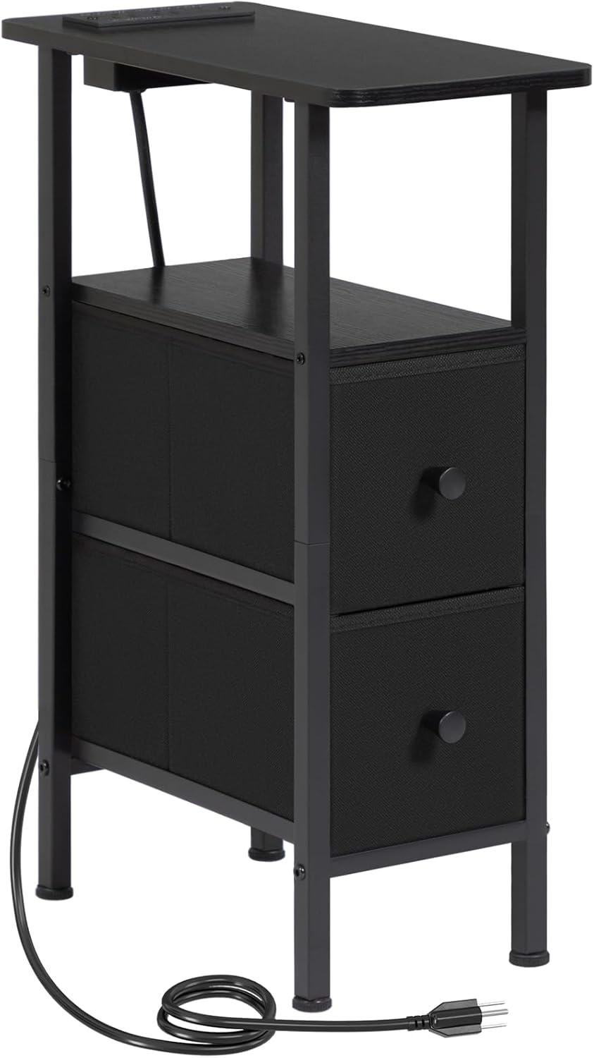 Narrow End Table Living Room with Charging Station, Skinny Side Table with Fabric Drawers, Slim Nightstand for Bedroom, Small Spaces, Couch, Black, HETNDP02BK-1 15.74''D x 7.87''W x 23.22''H (2 Drawers) Power Black
