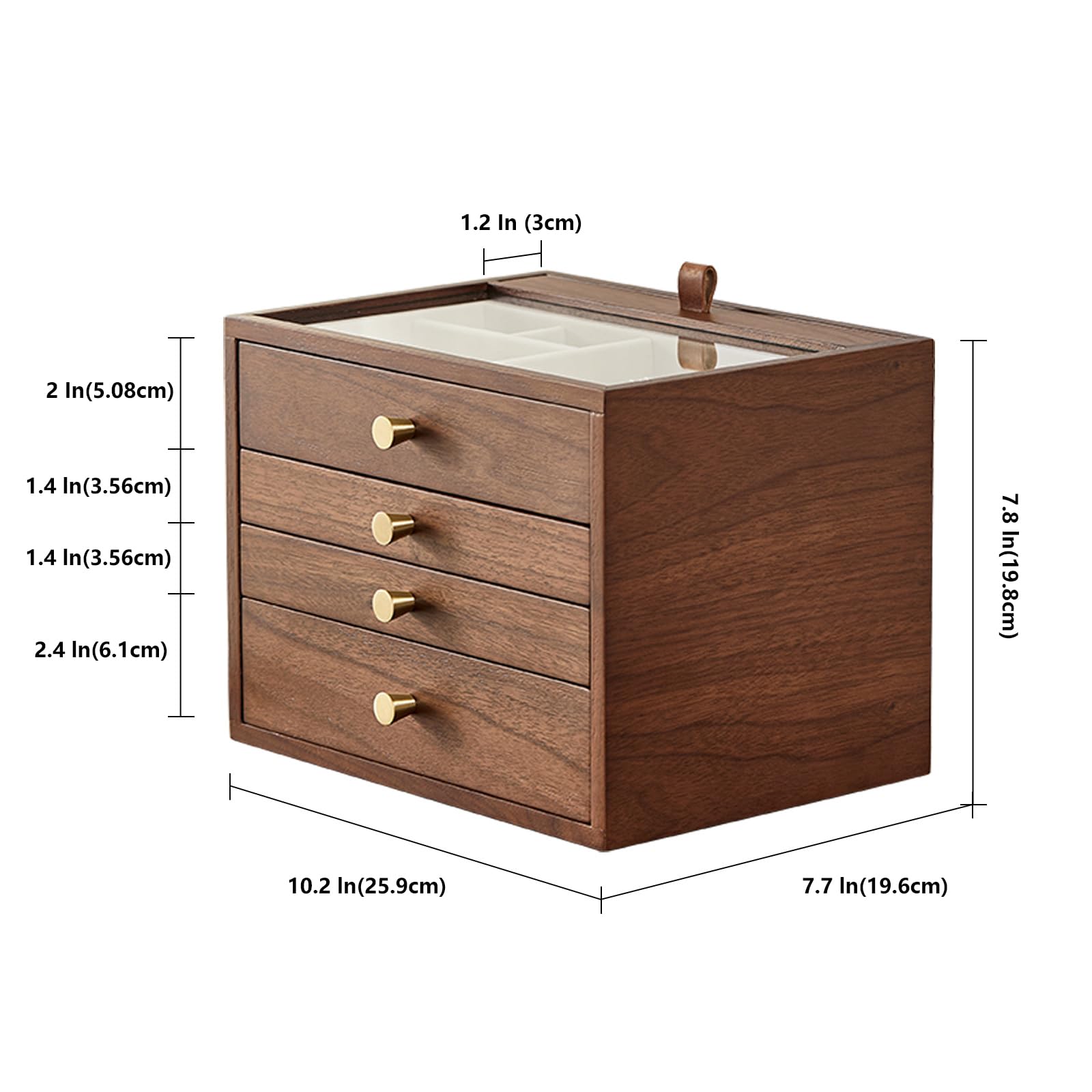 Homruilink Portagioie in legno di noce nero per donna, 4 strati, con coperchio in vetro e contenitore estraibile per collane, orologi, collane, anelli e orecchini, Regalo di San Valentino