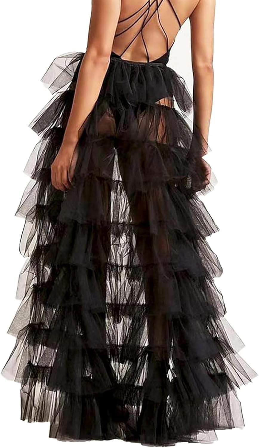 Black Ruffle Skirt Long Tulle Skirt for Women Tulle Maxi Skirts Long Tutu Skirts for Women Detachable Train Dress - Image 3