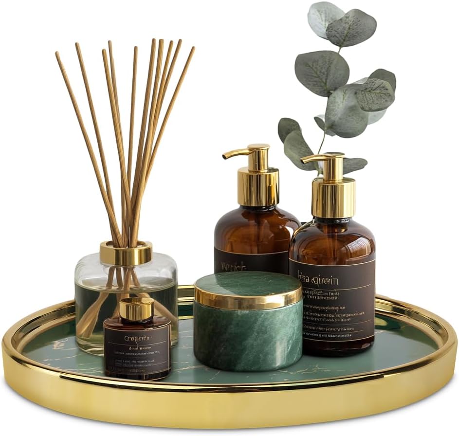 Makeup Perfume Organizer Round Bathroom Vanity Tray Decorative Dresser Tray Countertop Organizer Tray for Cosmetics,Green