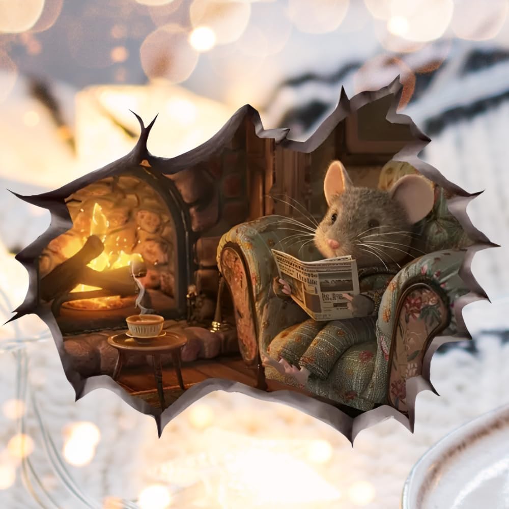 Cozy Mouse Wall Decal, 3D Fireplace Scene Decorative Sticker, Vinyl Home Decor (Cozy)