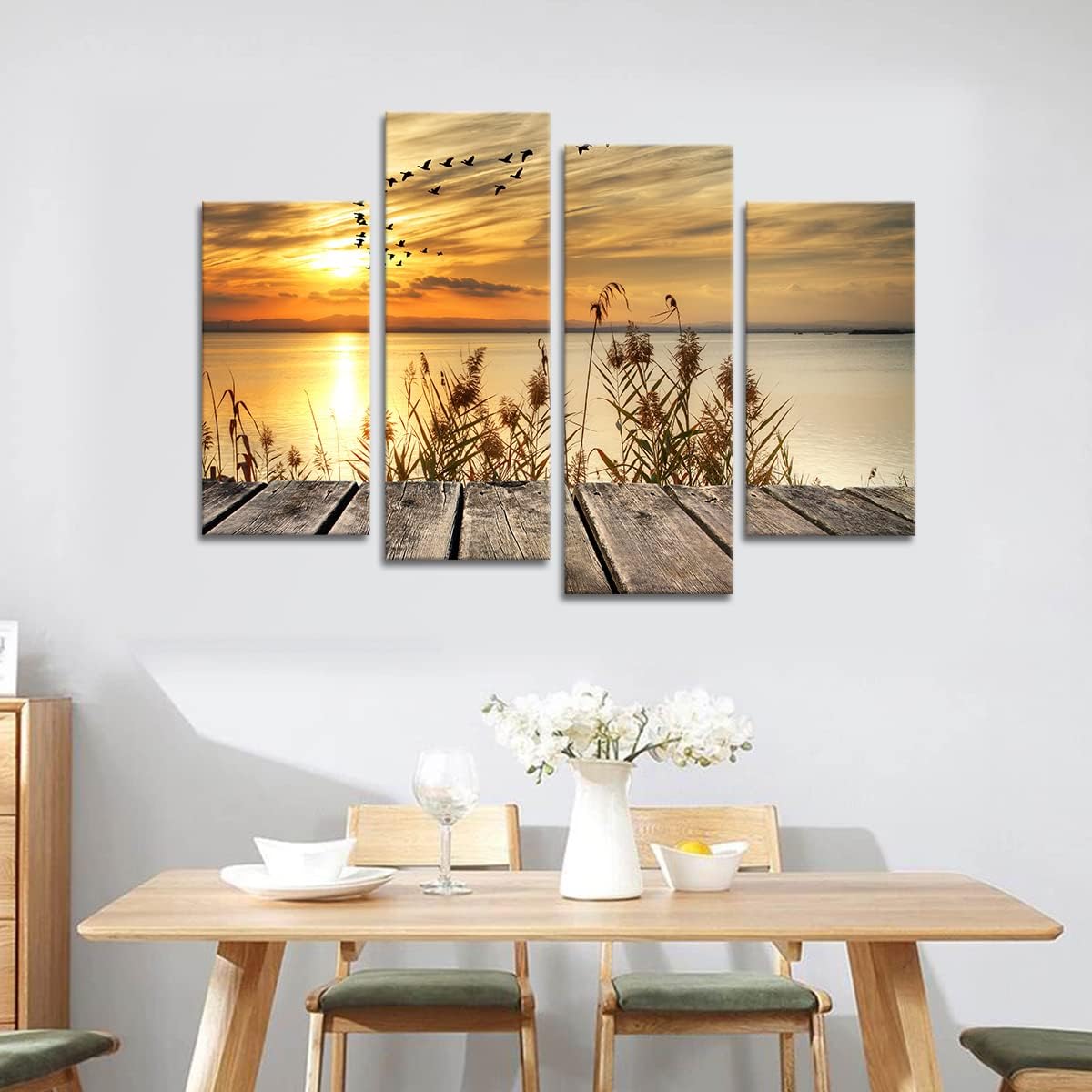 Noah Art-Rustic Seascape Wall Art Canvas Prints, Dawn on the Lake Shore Landscapes Pictures Sunset Artwork Ocean Art Print on Canvas, 4 Piece Stretched Canvas Wall Decor for Living Room