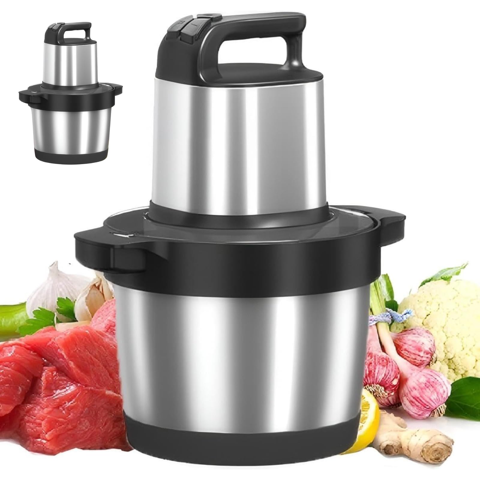 Robot da cucina da 1500 W con ciotola in acciaio inox da 6,5 l, 3 velocità, multifunzione, per tagliare carne, affettare verdure, macinare frutta, 4 lame incluse