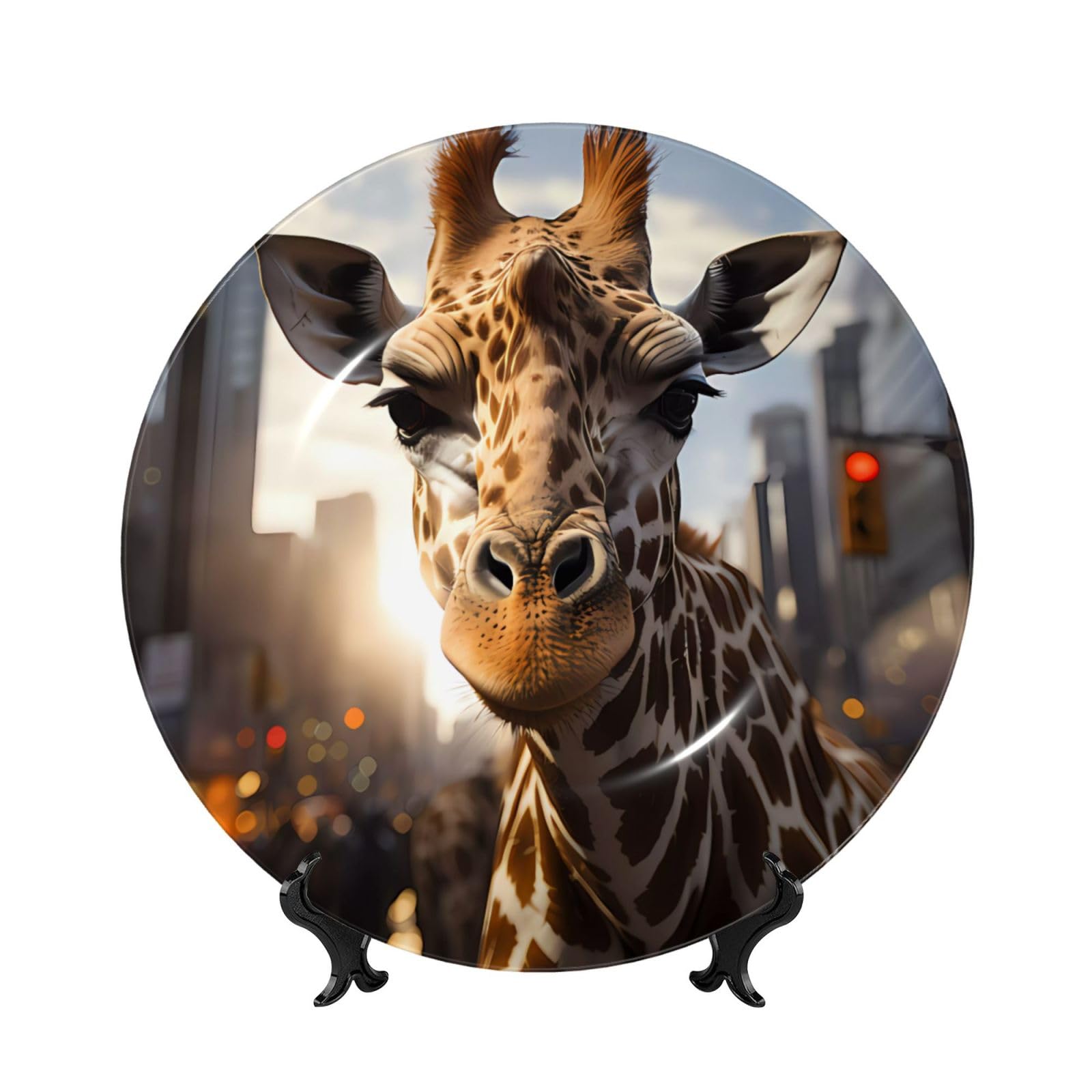 SXZVVBN New York Giraffe Street Bone China Decorative Plate Art with Stand Removable Adhesive Hanging for Home Office 7in