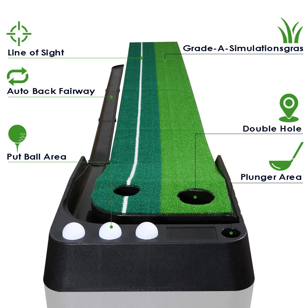Golf Puttingmatte，Auto Rückkehr Golfmatte，mit Golf Putter,3 Golfbälle，Kunstrasen Golf Putting Matte， für Zuhause Büro Gym，tragbare Übungsmatte für Anfänger und Profis