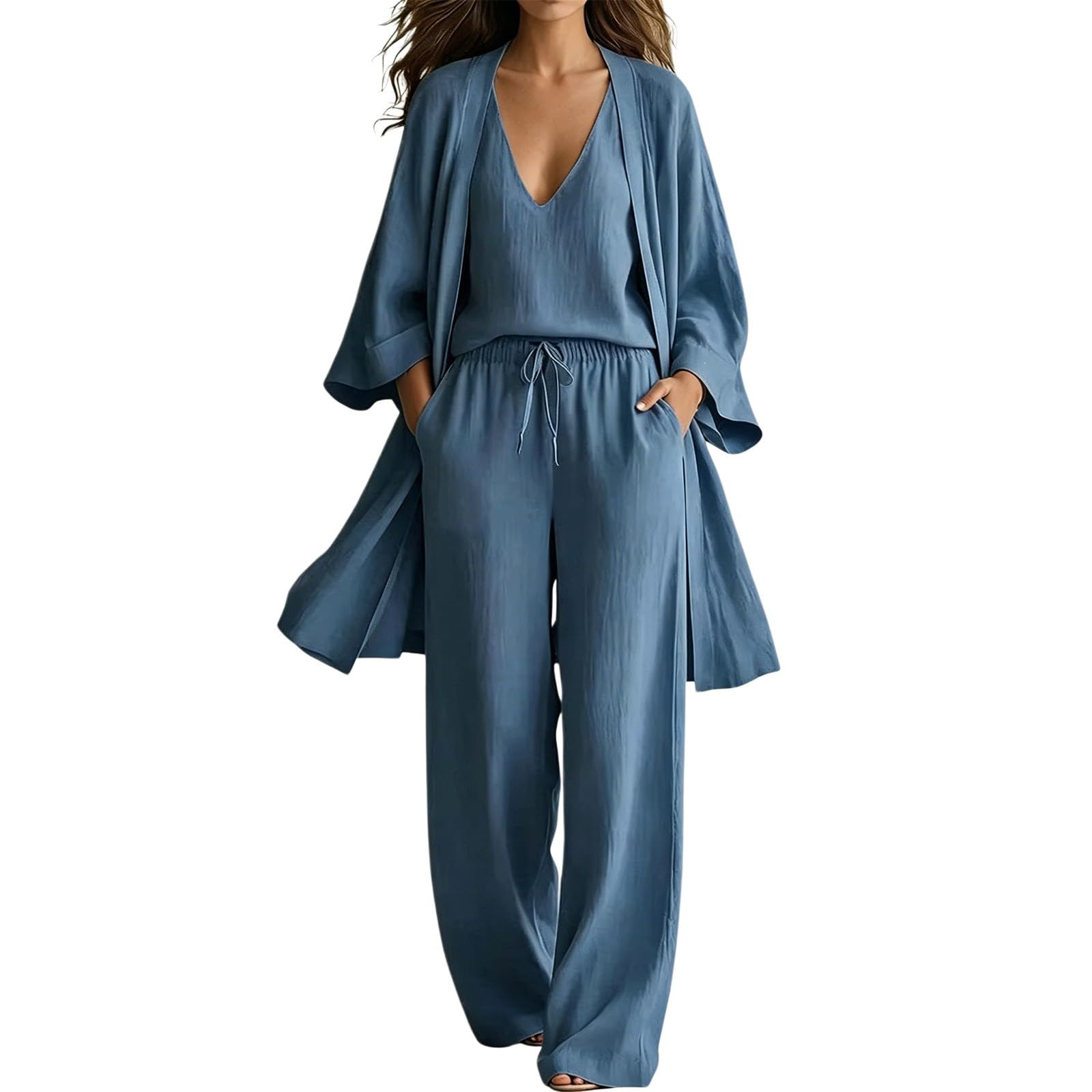 Conjunto Mujer Verano 2 Piezas Moda raje de Primavera Ligero Chndal Blusa Pantalones Ropa Playa Vacaciones Deportivo Casa Trabajoconjunto Verano mujerCorte Entallado
