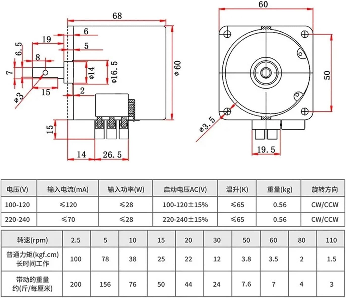 28W 68KTYZ permanent magnet synchronous motor central shaft 8mm 110V 220VAC 2.5RPM to 110RPM for small rotating equipment.(110rpm)