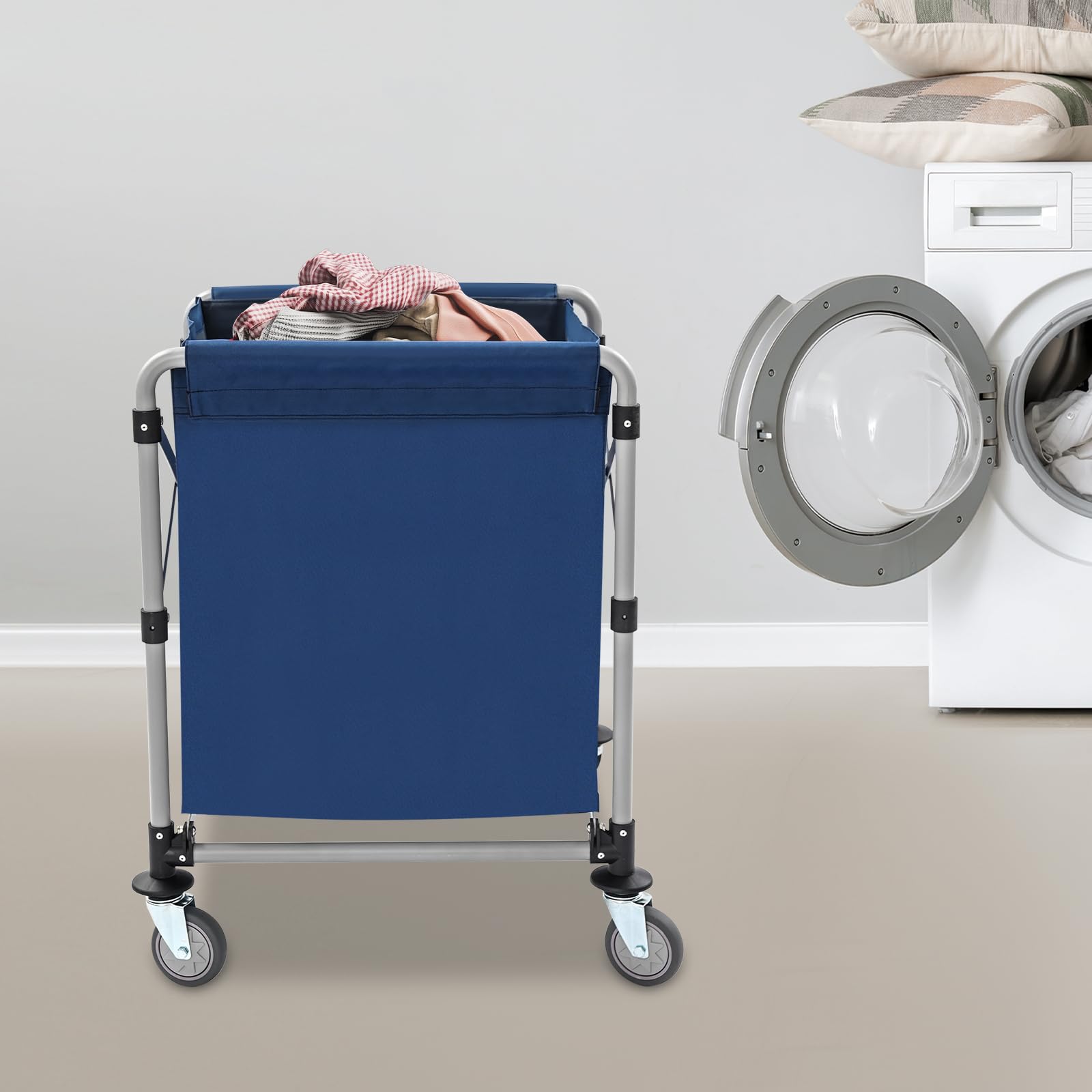 Carrito de lavandería de acero inoxidable, para el hogar, hotel, lavandería, comercial, grande, plegable, con ruedas, estable, resistente al agua, para el hogar, hotel, lavandería, comercio, amarillo