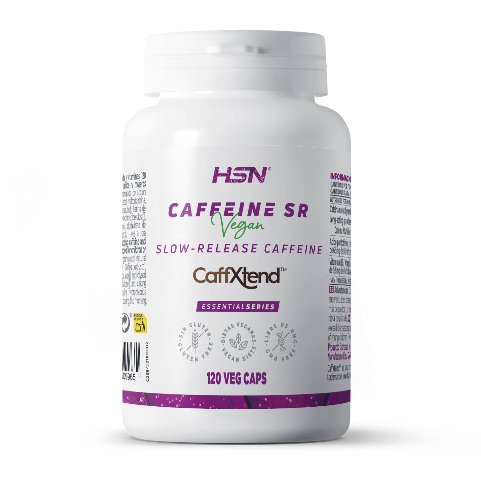 HSN Cafeína de Liberación Lenta | 120 Cápsulas de 400 mg CaffXtend equivalencia a 200 mg Pura Cafeína Natural Anhidra | Efecto Prolongado hasta 12 Horas | No-​GMO, Vegano, Sin Gluten
