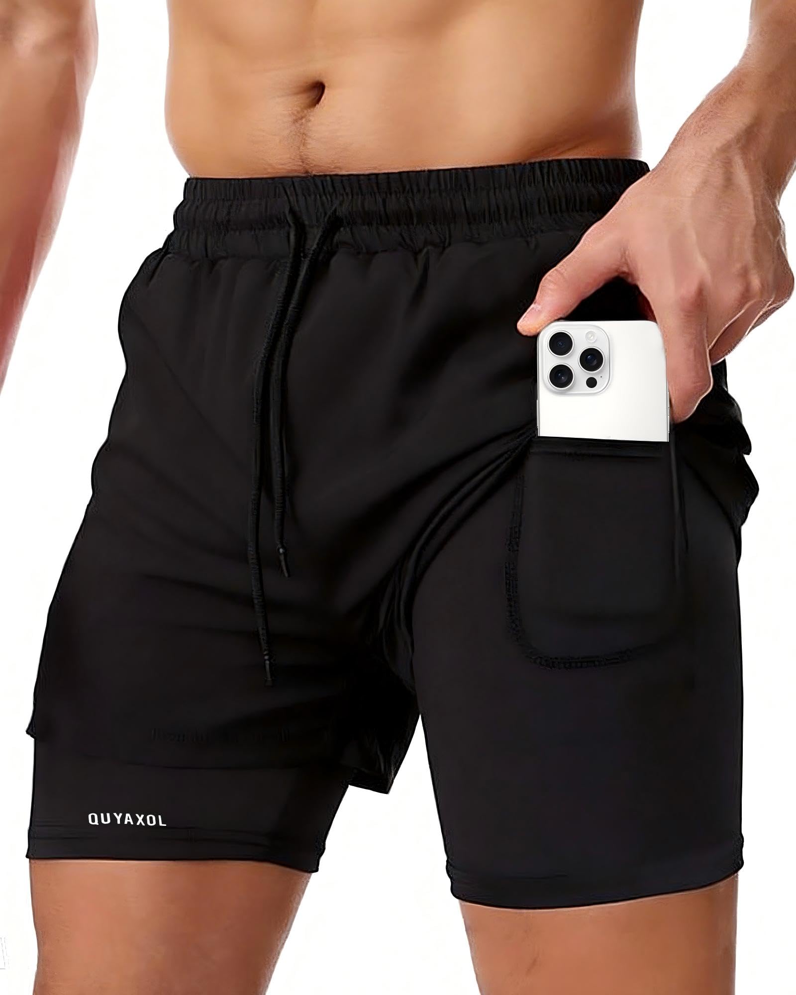 Mens 2-in-1 Running Shorts with Inner Liner Breathable Quick-Dry Workout Shorts with Pockets Gym Shark for Men