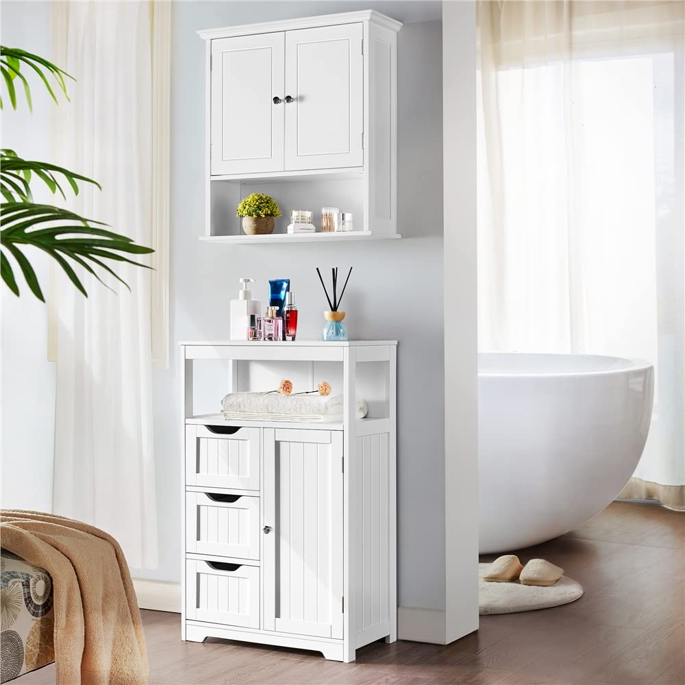 Yaheetech Mueble Baño de Madera Armario Baño con Cajón y Estante Ajustable Mueble Auxiliar de Cocina Armario Multiusos con Puertas Dobles para Salón Entrada Blanco 55,5x29,5x86,5 cm