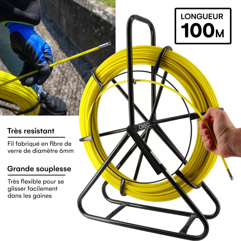 Aiguille tire fil sur dévidoir - 6mm - longueur 100m - Tire câble électricien Fibre de verre