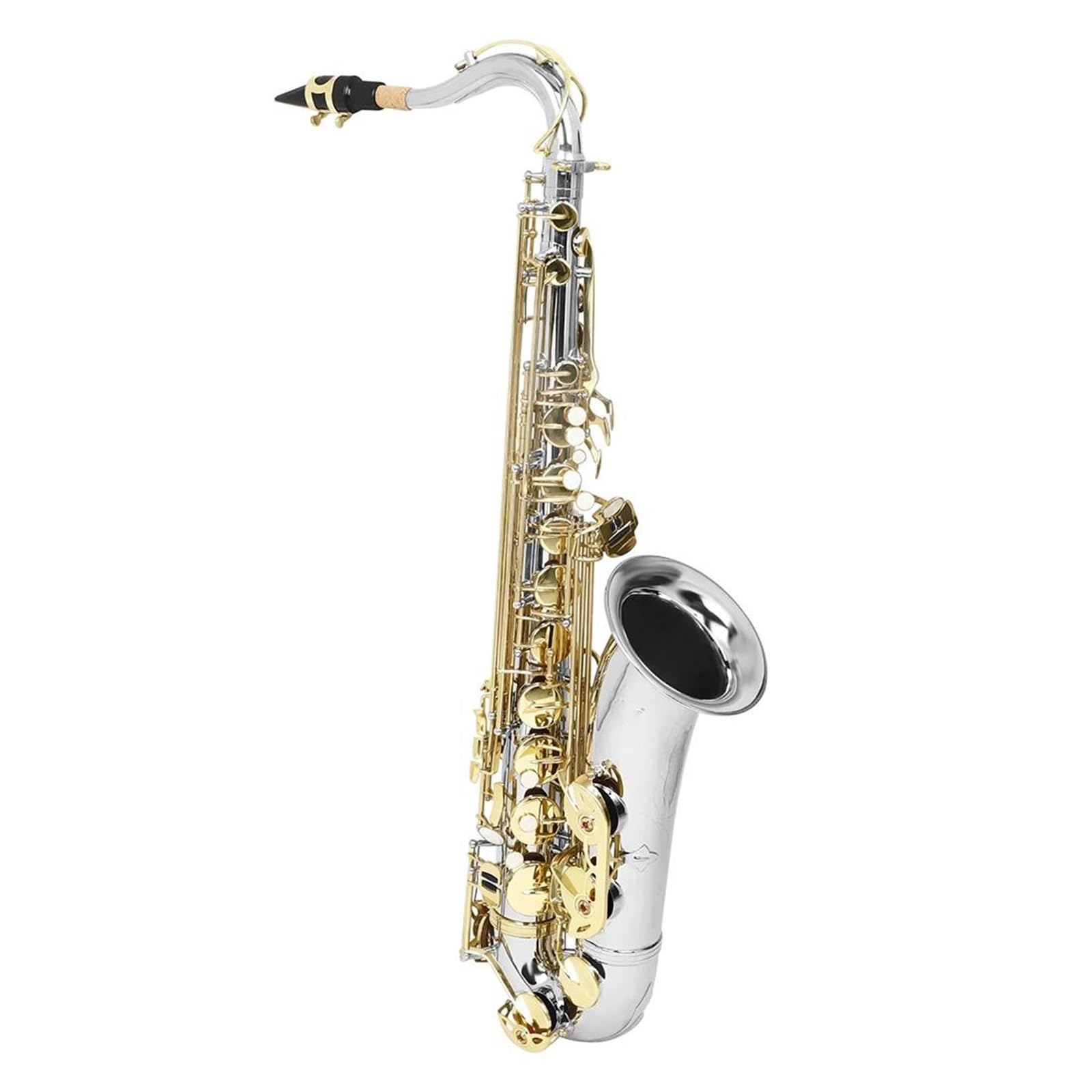 Saxofón Tenor en SIB, Instrumento Musical de latón para Principiantes y Adultos, Color Plateado y Dorado, con Estuche y Cepillo.,B
