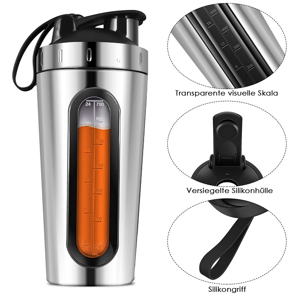Eiweiss Shaker - Shaker proteico, in acciaio inox, per fitness, mixer a prova di perdite, senza BPA, borraccia sportiva con shaker Ball, per palestra Nutrition Fitness, 750 ml (argento)