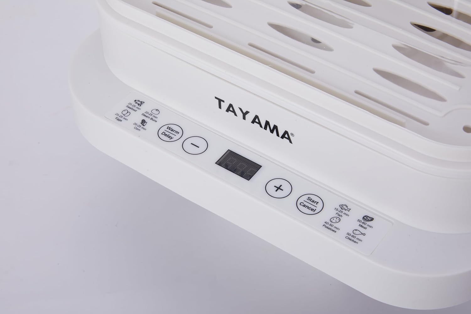 Close-up of the Tayama 3-Tier Electric Food Steamer's control panel with digital display and buttons.