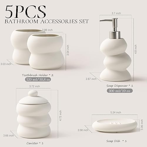 Miniatura 10 de Juego de accesorios de baño con diseño en relieve, 4 piezas, juego de accesorios de baño de cerámica blanca, juego de soporte para cepillo de