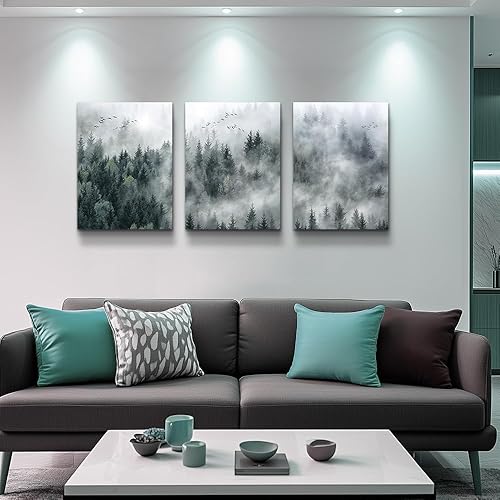 Miniatura 9 de Lienzo decorativo de pared para sala de estar, decoración de pared moderna para dormitorio, bosque brumoso, árboles, paisaje, pintura de pared,