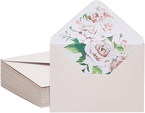 Paper Junkie Sobres A7 marfil con forro floral para invitaciones de boda (5 x 7 pulgadas, paquete de 50)