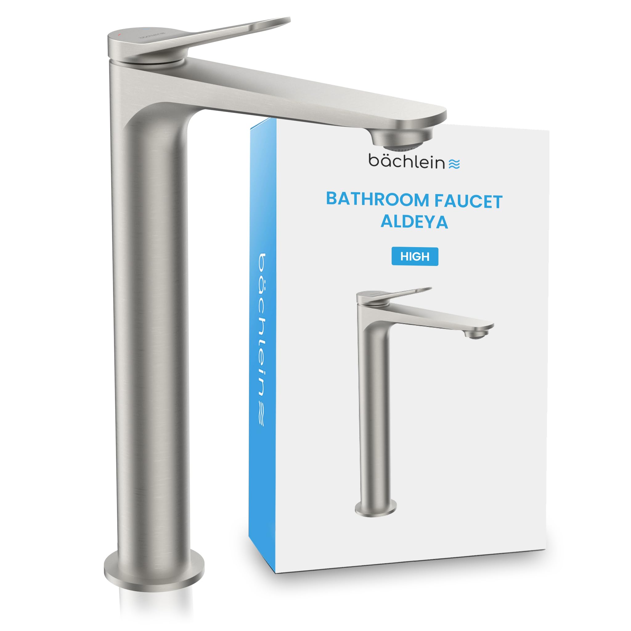 Bächlein High Tap for The Bathroom in Classic Design, Aldeya, Single-Lever Mixer with Durable Ceramic Cartridge and Installation Set, Bathroom Faucet Brushed Stainless Steel