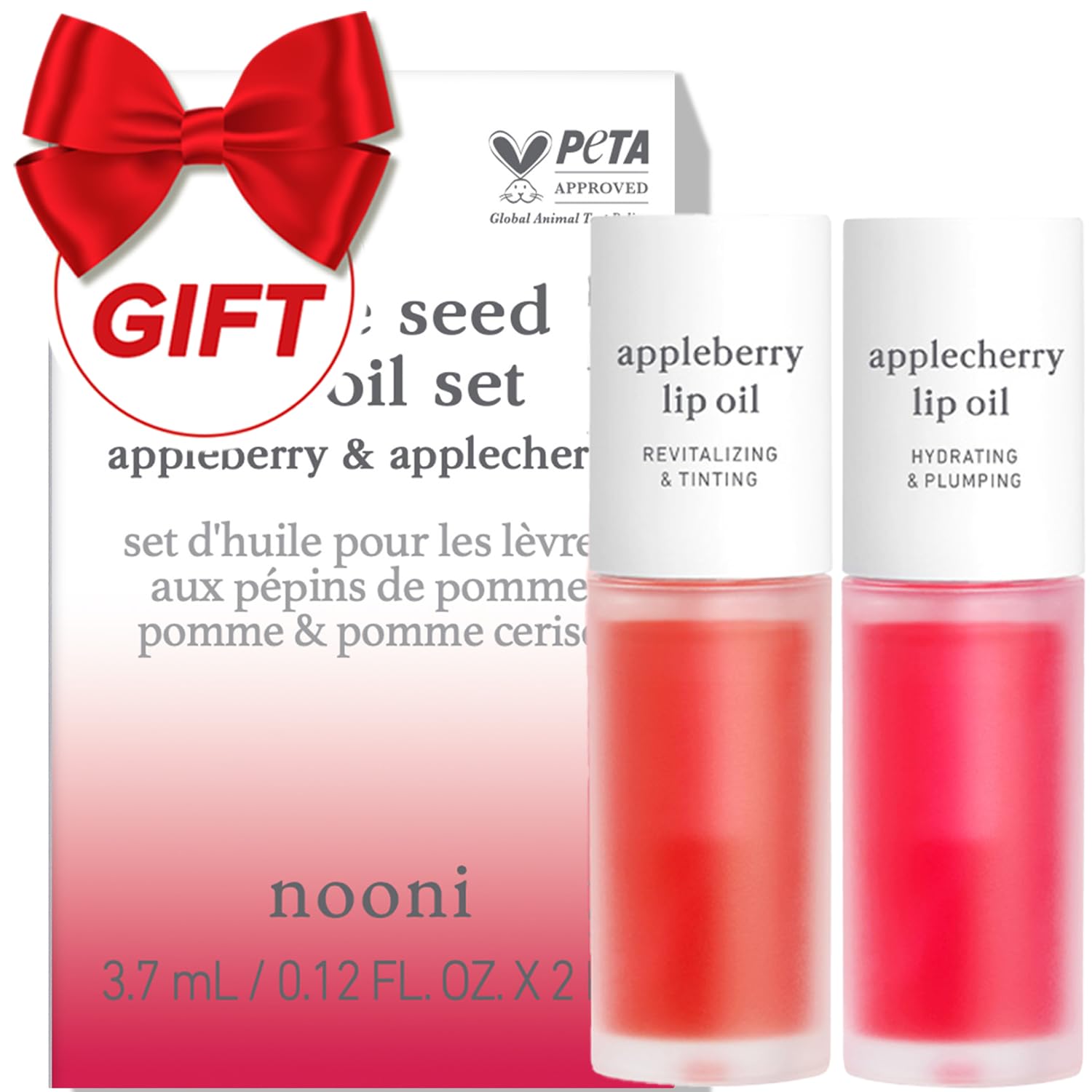 NOONI Vegan Korean Appleseed Lip Oil Set - Appleberry & Applecherry | Lip Stain Long Lasting Hydration, Plumping, Moisturizing for Dry Lips, Lip Gloss Makeup, 0.12 Fl. Oz. x 2ea, Gifts for Women