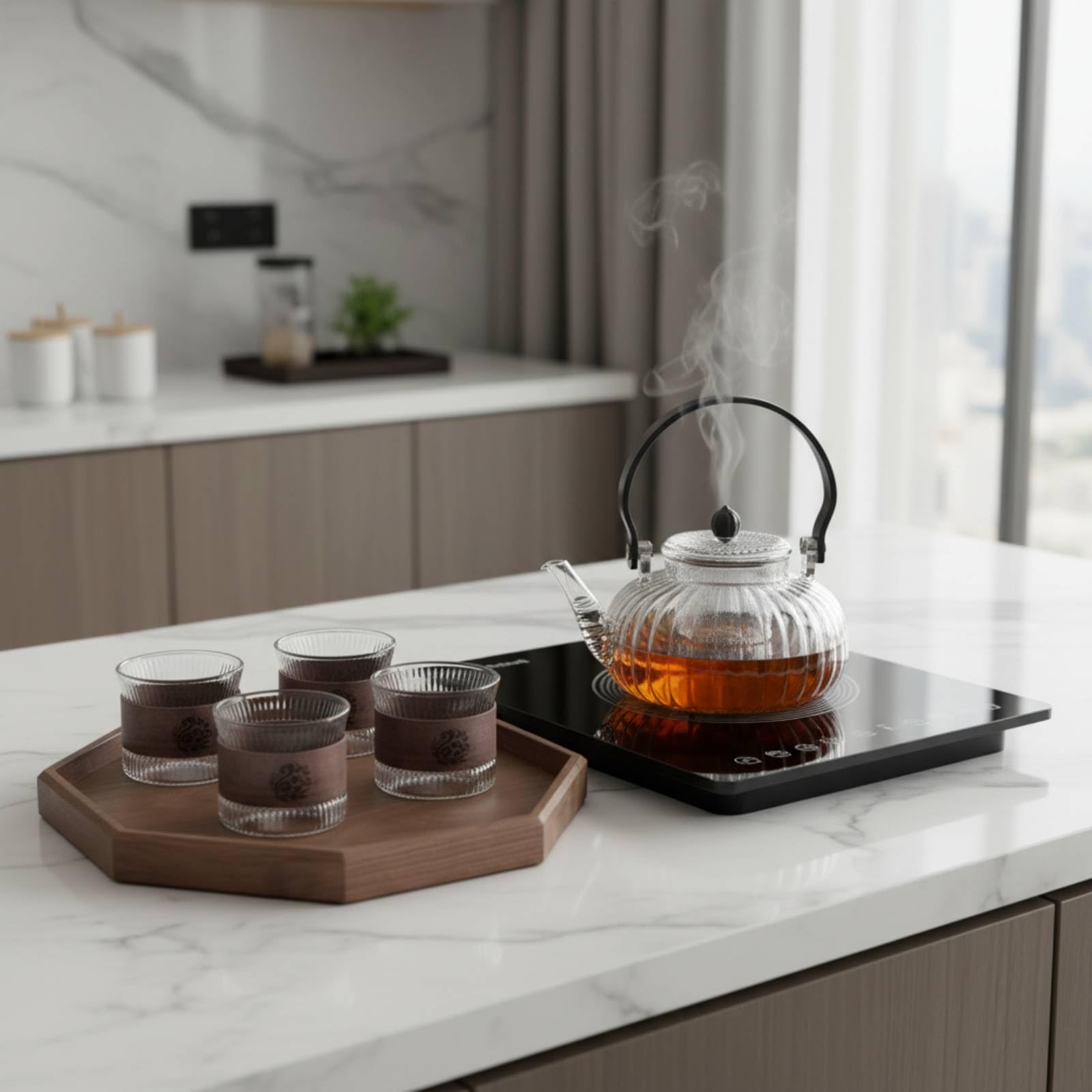 Teeset aus transparent Teeservice mit Kanne und Tassen tropf Tasse für Teeliebhaber, 1 Kanne, 4 Tassen, 1 Tablett, Hochwertig