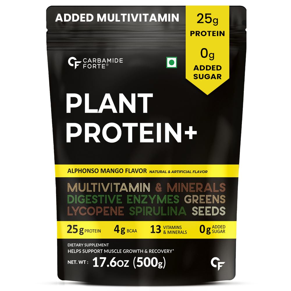 Carbamide Forte Plant Protein Powder - Plant Based Pea Protein Powder for Women with Multivitamin, Minerals, Superfoods, Digestive Enzymes - Mango Flavour - 500g