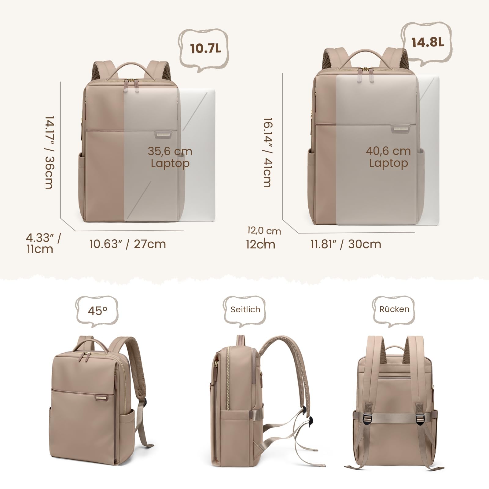 Laptop Rucksack für Damen 16 Zoll, Arbeit, Business, Computer-Rucksäcke mit Laptopfach, wasserdicht, lässig, Tagesrucksack für Reisen,Braun