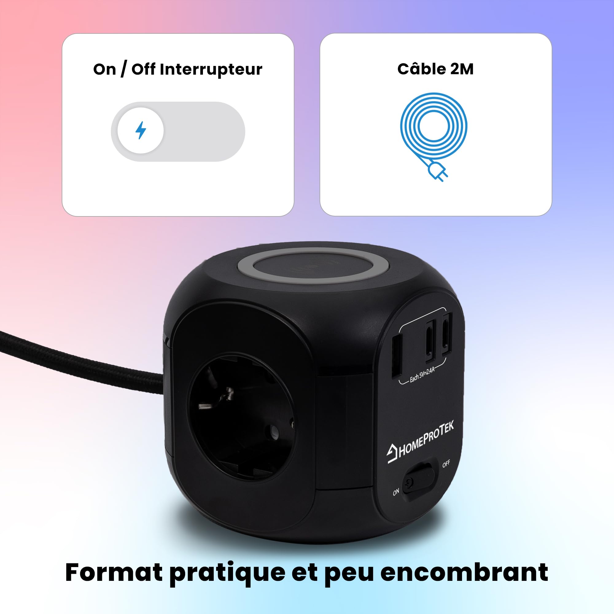 HomeProtek Multiprise Cube 3 Prises, USB-A, 2 USB-C, Noir | Chargeur sans fil et interrupteur; rallonge multiprise pour maison ou bureau