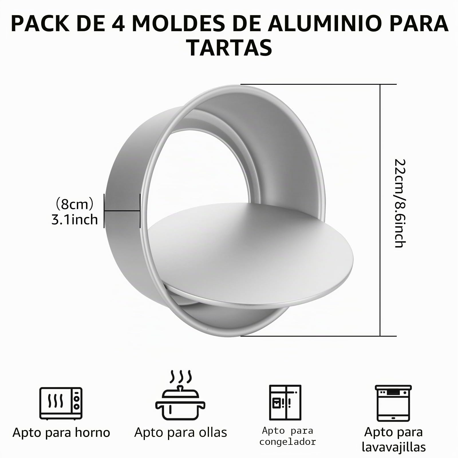 DAJAVE 4 moldes redondos para tartas de 22 cm, antiadherentes de aluminio, plateados, 8 cm de alto, con base extraíble y aptos para lavavajillas