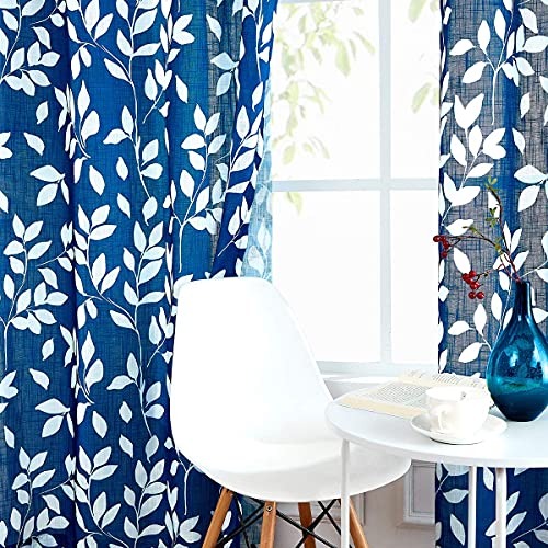 Image of Treatmentex Navy and White Curtains for Bedroom 63 inch Length Leaf Print Curtains for Windows Semi-Sheers, Royal Blue Grommet Top, 2 Pack