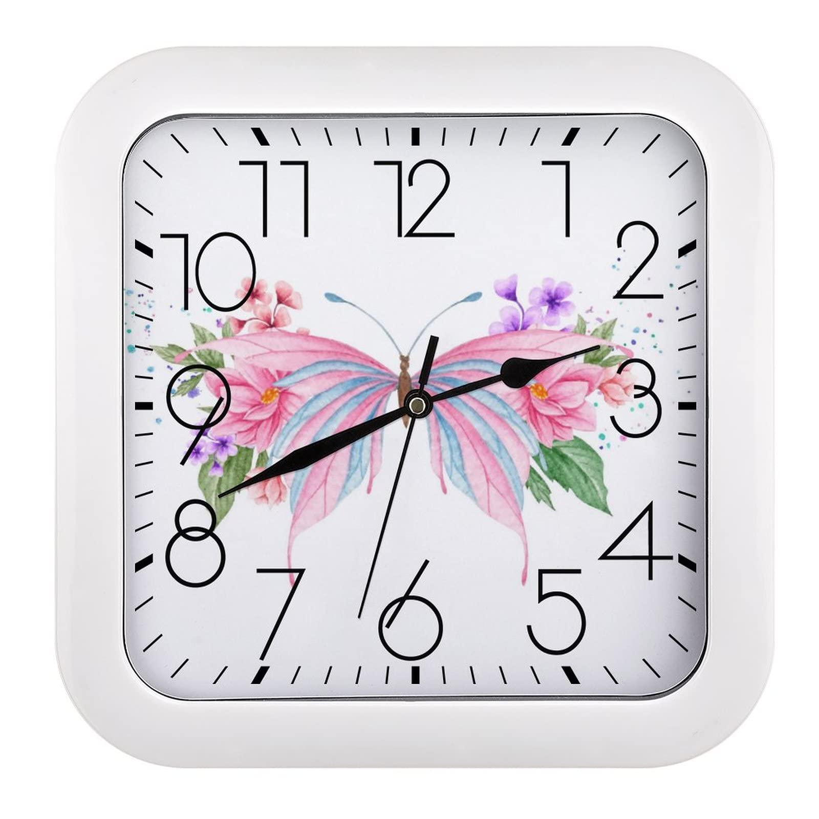 Horloge murale carrée 26x26cm à grands chiffres et papillon rose