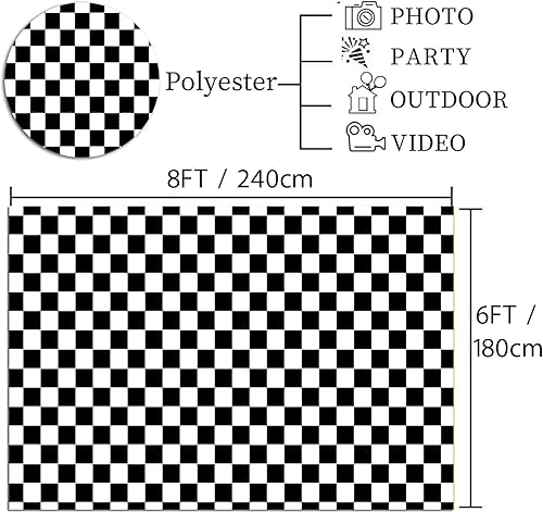 Miniatura 5 de Telón de fondo para fiesta de cosplay, bandera a cuadros, telón de fondo para fotografía, textura de carrera a cuadros blanco y negro, tablero de