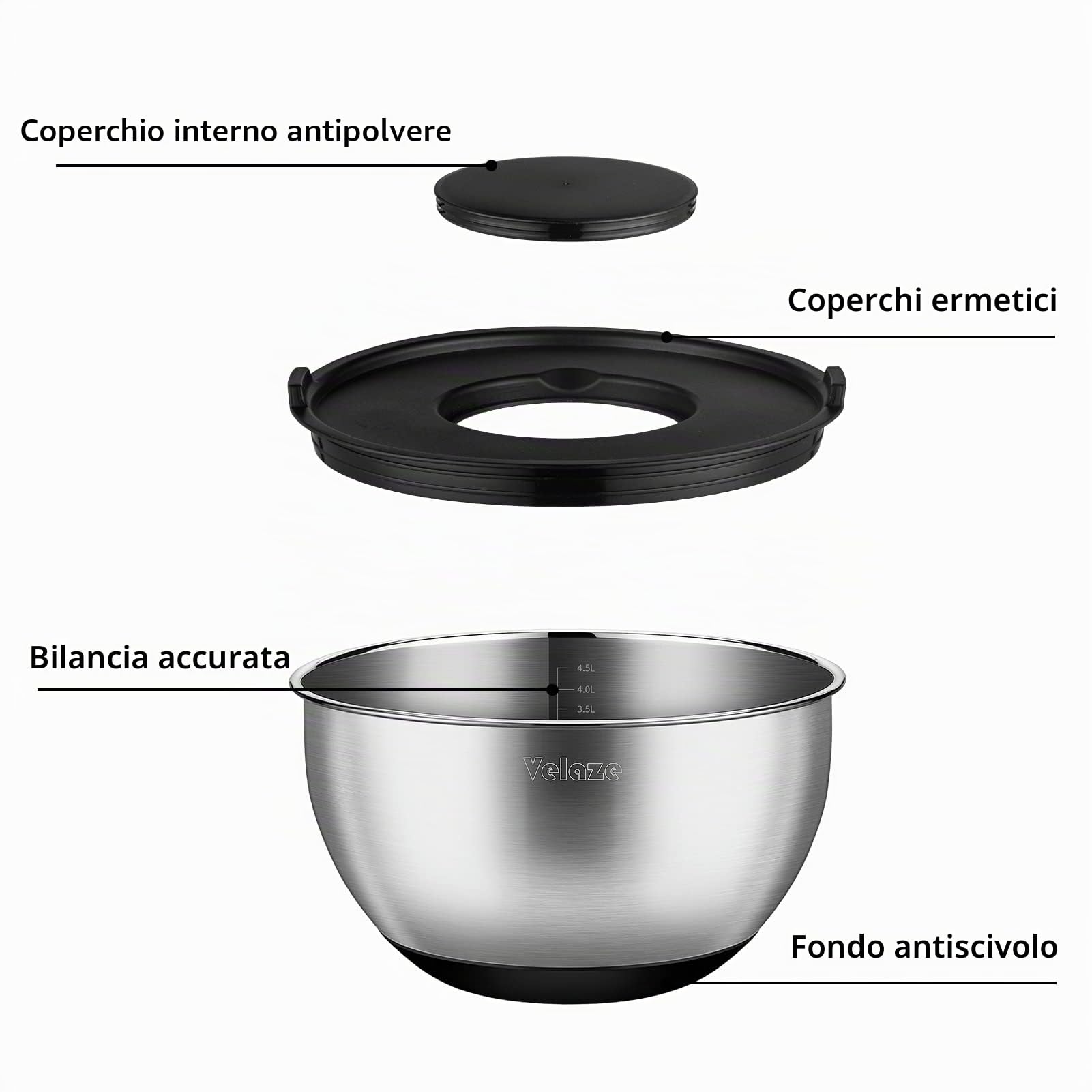 Velaze Set di ciotole in acciaio inox, 5 pezzi, insalatiera con coperchio, 3 inserti per grattugia, fondo in silicone antiscivolo, 5 l, 3 l, 2 l, 1,5 l, 1 l, diverse misure per diverse esigenze