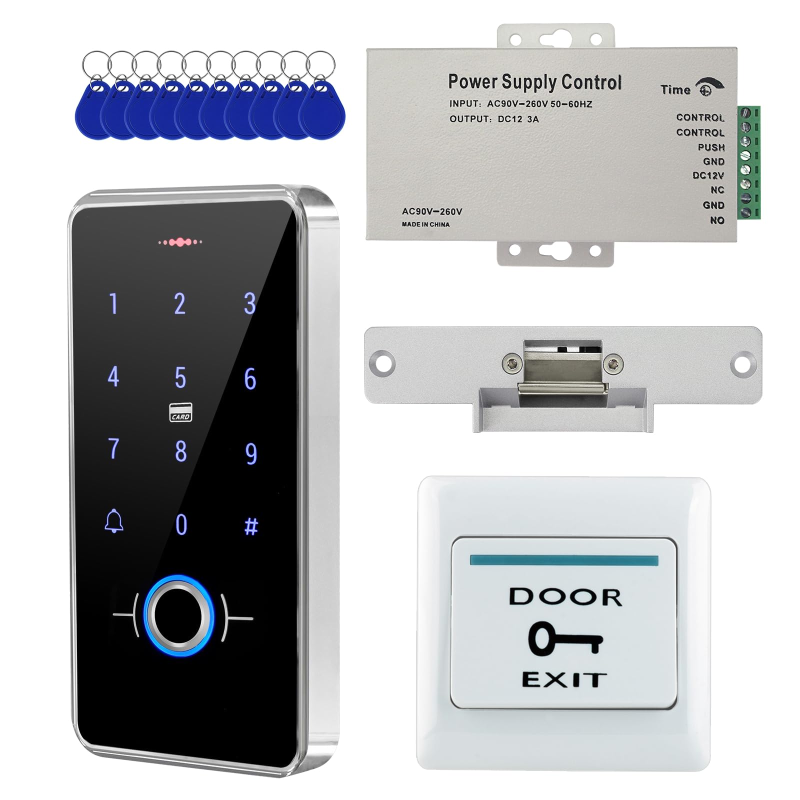 ReaIOKbii IP68 Waterproof Outdoor Fully Fingerprint Door Access Control System Kit – RFID Keypad Entry with NC Electric Strike Lock, 13.56MHz, DC12V Power Supply, Exit Button & 10 Key Fobs
