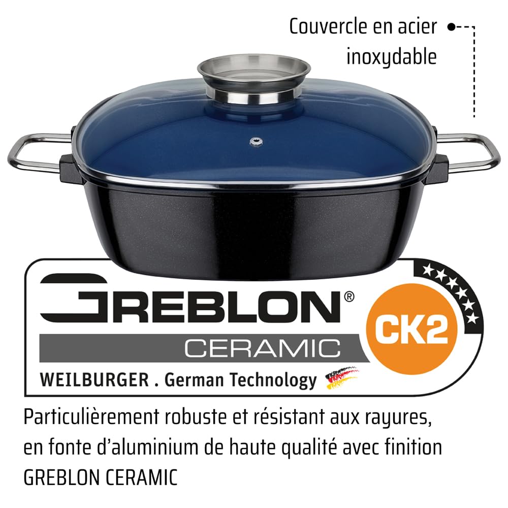 GSW Rôtissoire carrée Ceramica – rôtissoire avec Couvercle, idéale pour mijoter, étuver et rôtir, également pour Induction et Four – Bleu, Fonte d'aluminium, 5 litres